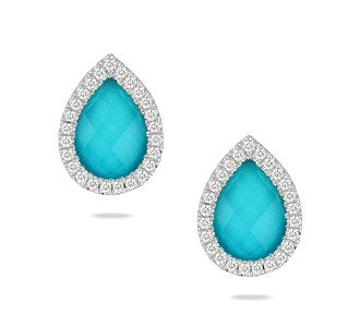 Turquoise blue pear shaped gemstones surrounded by diamonds to create sophisticated stud earrings from Doves by Doron Paloma