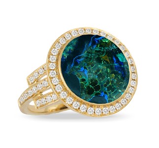 Yellow gold statement rings with diamonds along the band and around the large malachite and azurite center stone