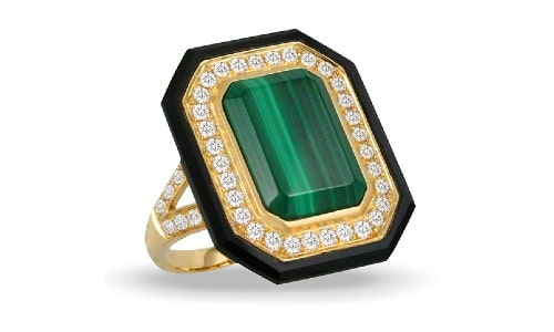 Malachite, yellow gold, onyx, and diamond fashion ring by Doves by Doron Paloma