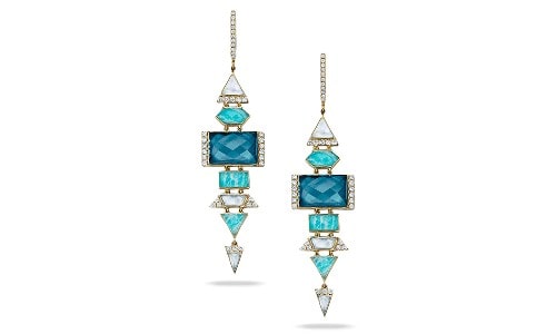 Drop earrings featuring a myriad of colorful blue gemstones in unusual shapes