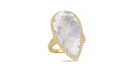 Pear shape mother of pearl ring set in yellow gold and surrounded by round cut diamonds