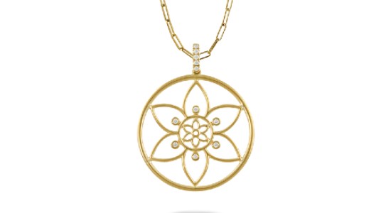 A gold pendant necklace from Doves by Doron Paloma featuring a delicate floral pattern and small diamonds