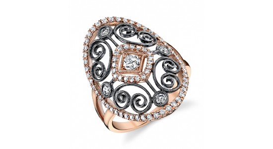 A mixed metal statement fashion ring featuring both rose gold and a dark gray metal
