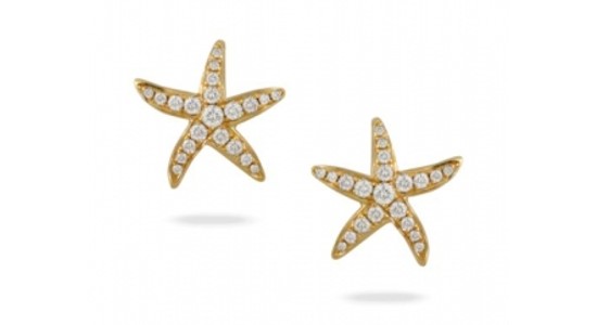 a pair of yellow gold diamond stud earrings in the shape of starfish