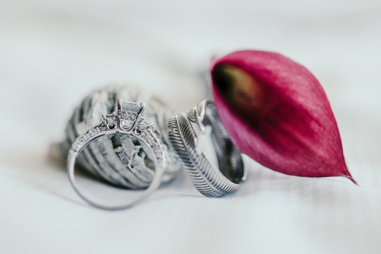 A diamond engagement ring and a silver feather-shaped ring are displayed elegantly beside a vibrant red flower petal